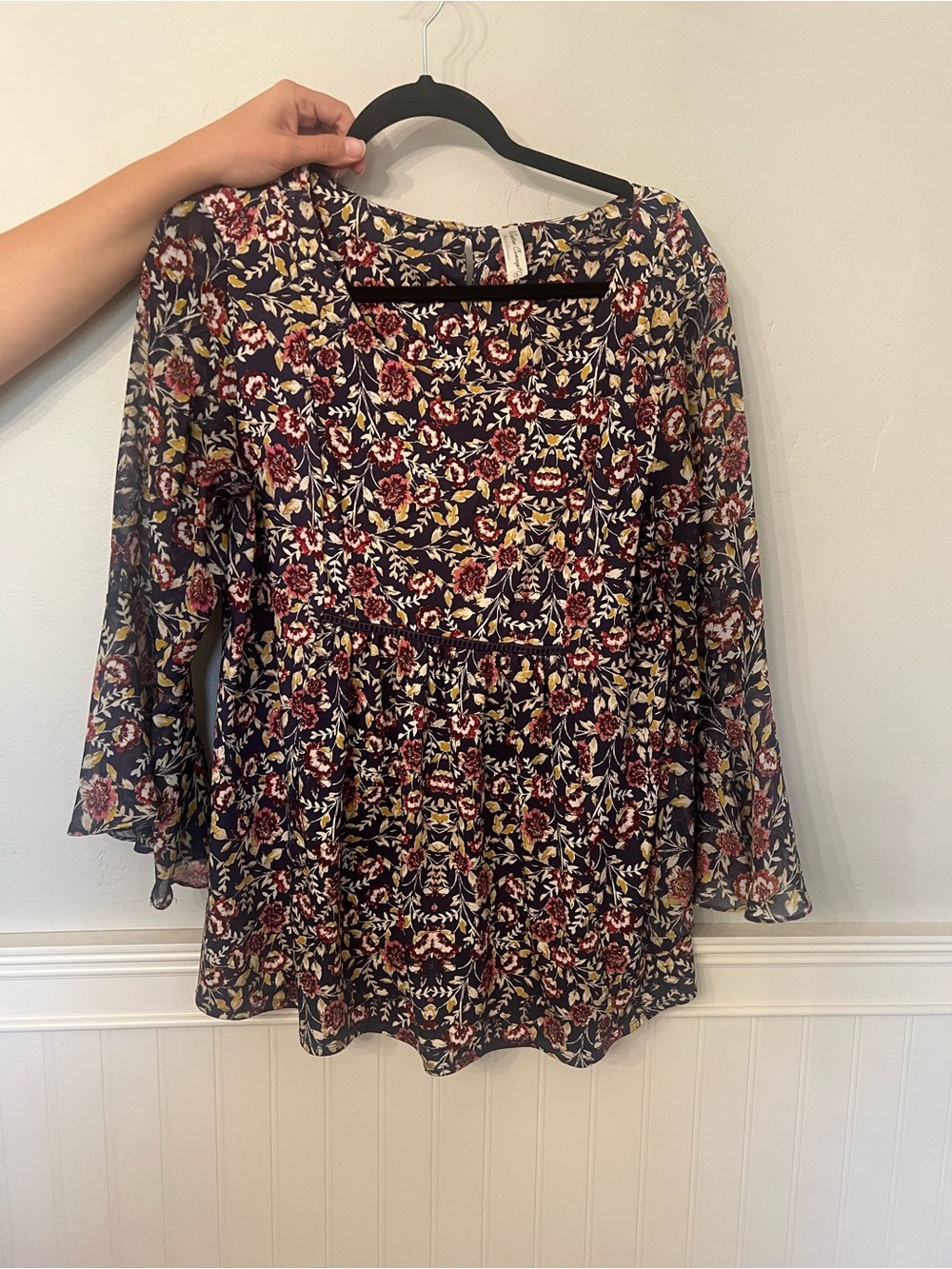 Women’s Floral Peasant Top in Navy and Burgundy